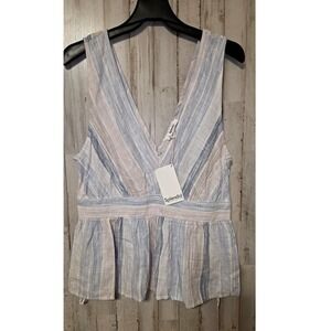 NWT Splendid size L Striped Babydoll Linen Blend Top Tank Sleeveless Peplum